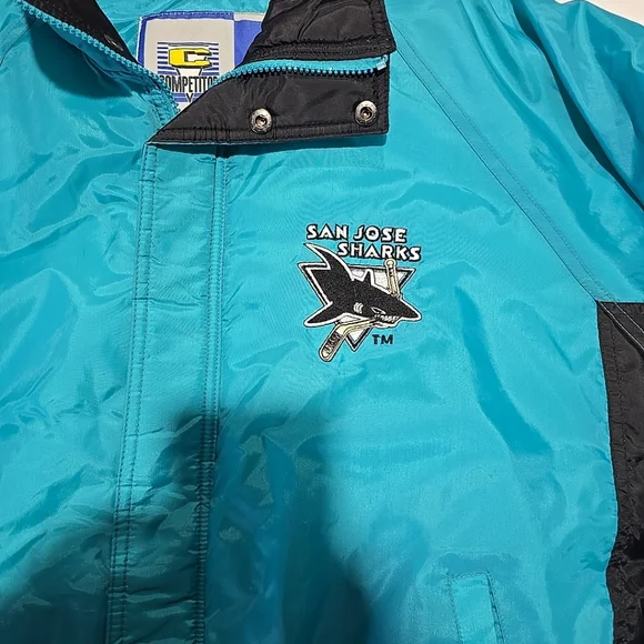 Vintage San Jose Sharks 90s Full Zip Bomber Jacket Large Puffer Hockey Blue NWT - Picture 4 of 7